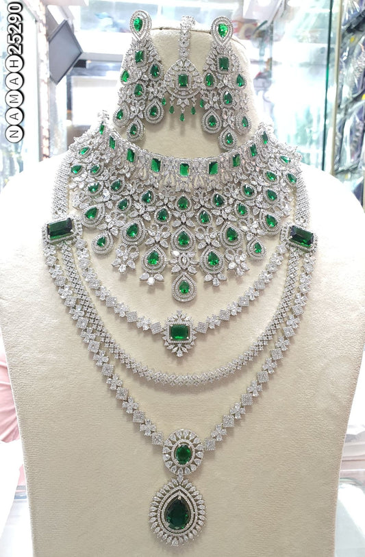 Silver Plated CZ Wedding Choker Necklace with Long Haar, Earrings & Maang Tikka