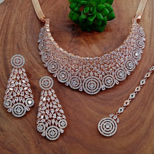 Luxury Rose Gold American Diamond Bridal Necklace Set with Long Earrings & Pendant