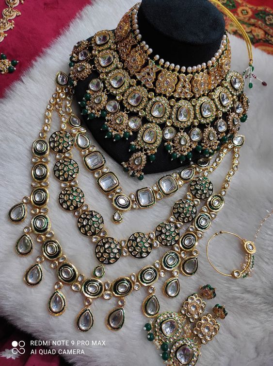 Bridal Kundan Polki Choker Necklace Set with Long Haram, Earrings & Maang Tikka