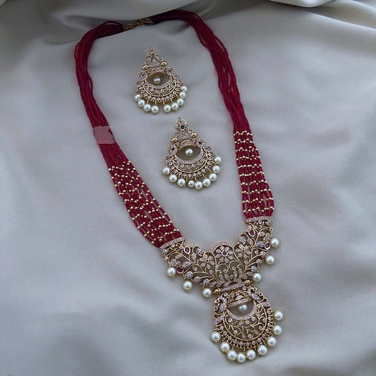 Antique Gold Plated Designer Pendant Necklace with Pearl Drops and Matching Earrings