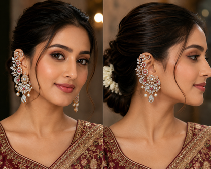 Rose Gold AD Stone Ear Cuff & Statement Earrings with Pearl Drops