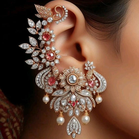 Rose Gold AD Stone Ear Cuff & Statement Earrings with Pearl Drops