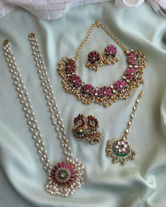 Traditional Kundan Pearl Bridal Jewelry Set with Long Mala, Choker & Earrings – Pink & Green Ethnic Set