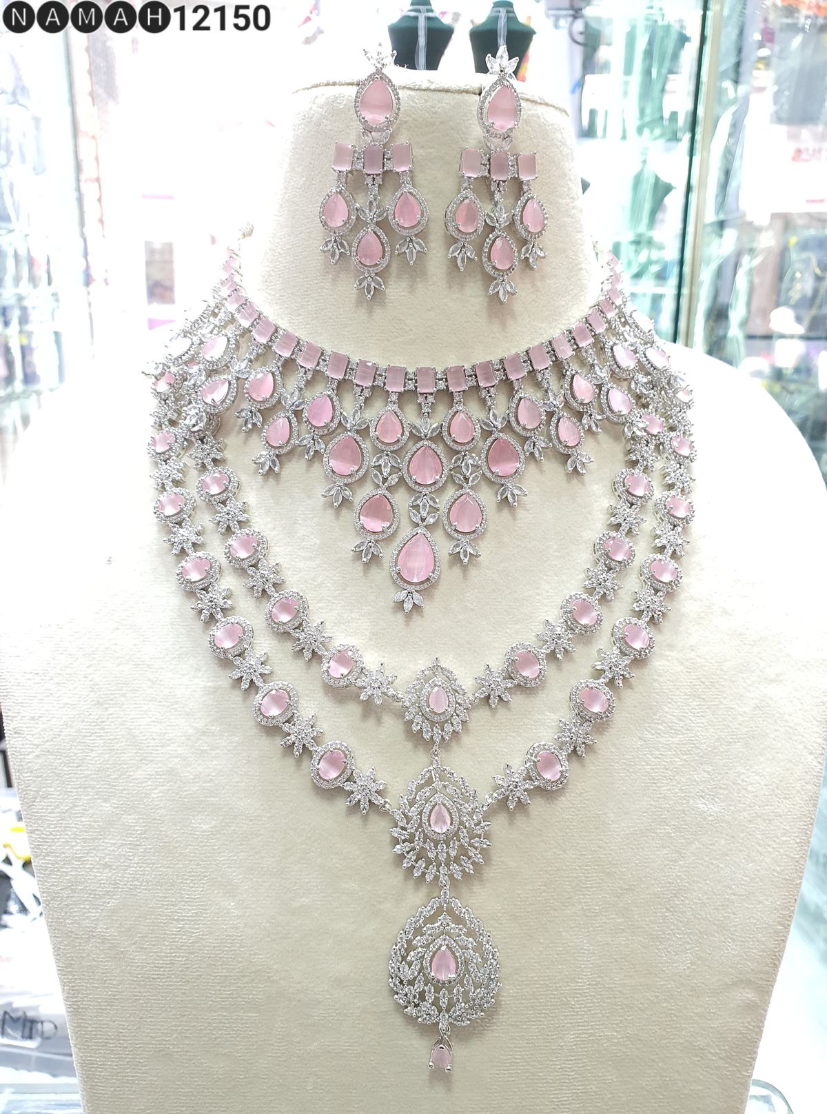 Pink Stone Bridal Combo Necklace Set – Double Layer Diamond Finish with Earrings