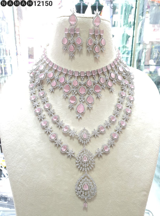 Pink Stone Bridal Combo Necklace Set – Double Layer Diamond Finish with Earrings