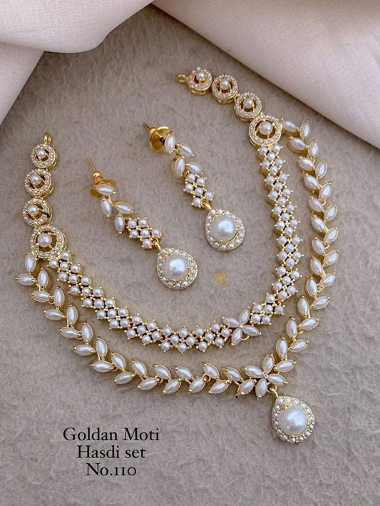 Elegant Golden Moti Hasli Necklace Set with Pearl Drop Earrings