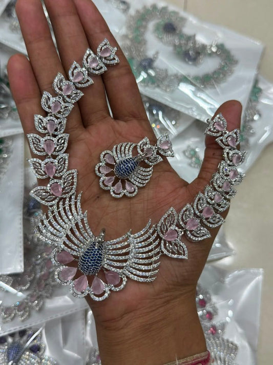Pink Stone Peacock Necklace Set with AD Zircon