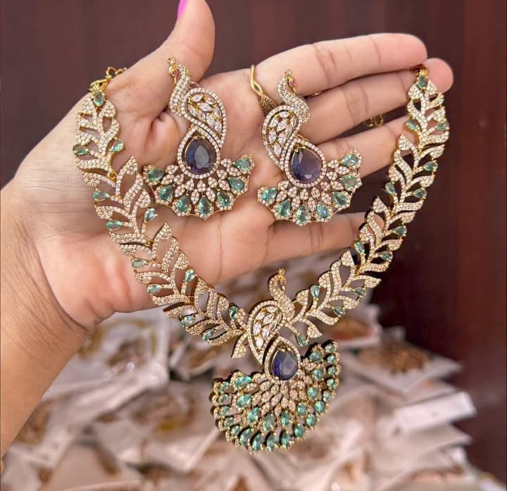Peacock Design American Diamond Necklace Set with Earrings – Green & Purple Stone Bridal Jewelry