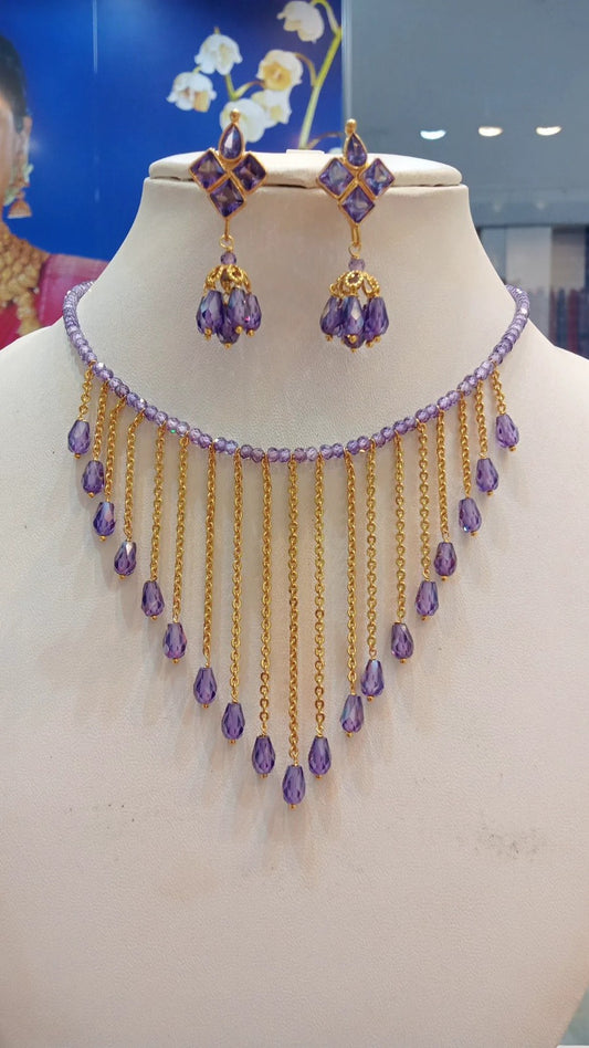 Purple Crystal Beaded Fringe Necklace Set | Gold-Plated Designer Party Wear Jewelry for Women