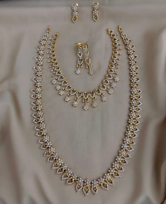 Luxury 3 Layer AD Bridal Necklace Set with Choker, Long Haar & Earrings