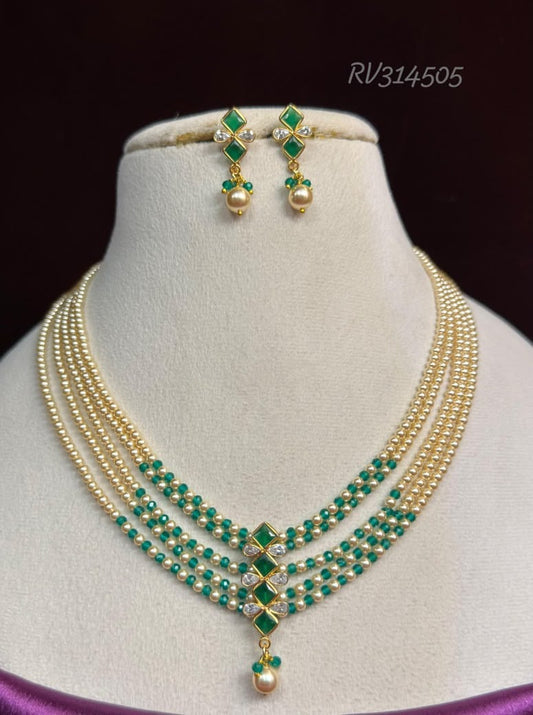 Elegant Multi-Layer Pearl & Green Stone Necklace Set with Matching Earrings