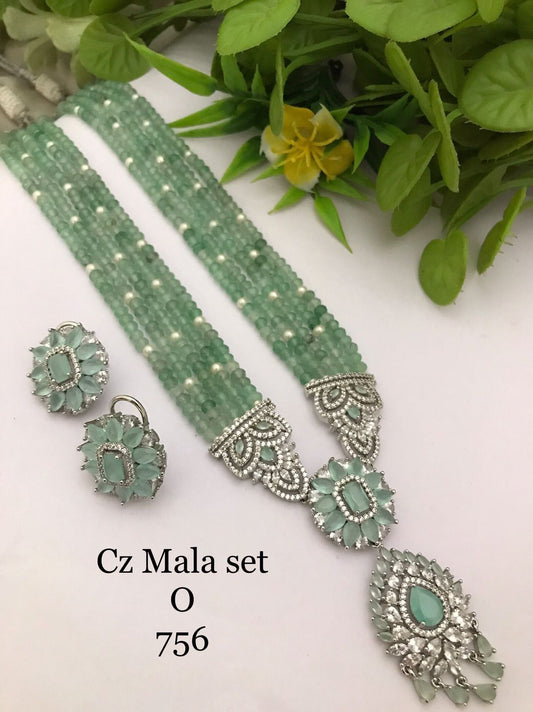 Premium Mint Green CZ Mala Necklace Set with American Diamond Pendant & Matching Earrings