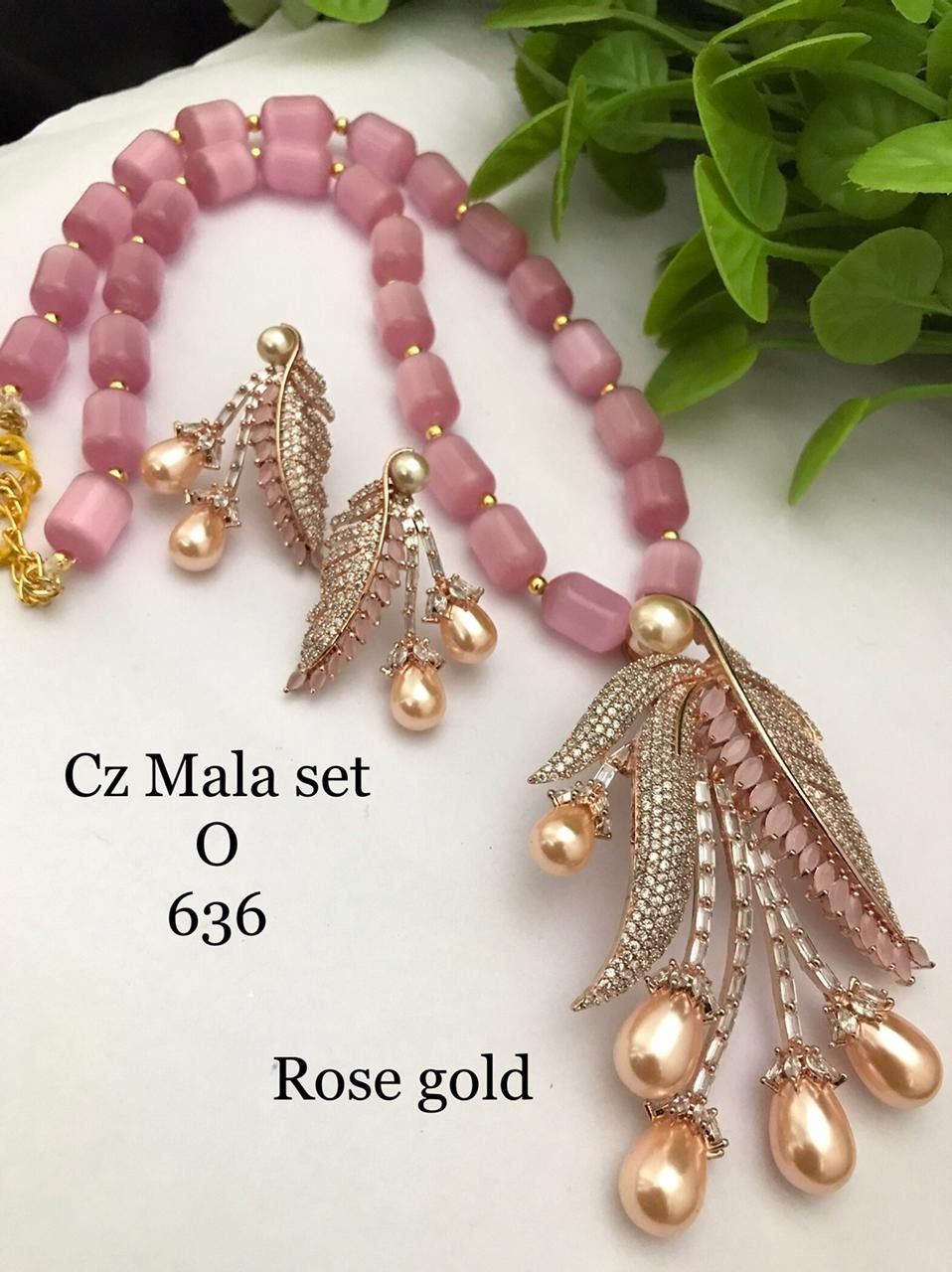 Rose Gold CZ Mala Necklace Set with Pink Crystal Beads & Matching Earrings