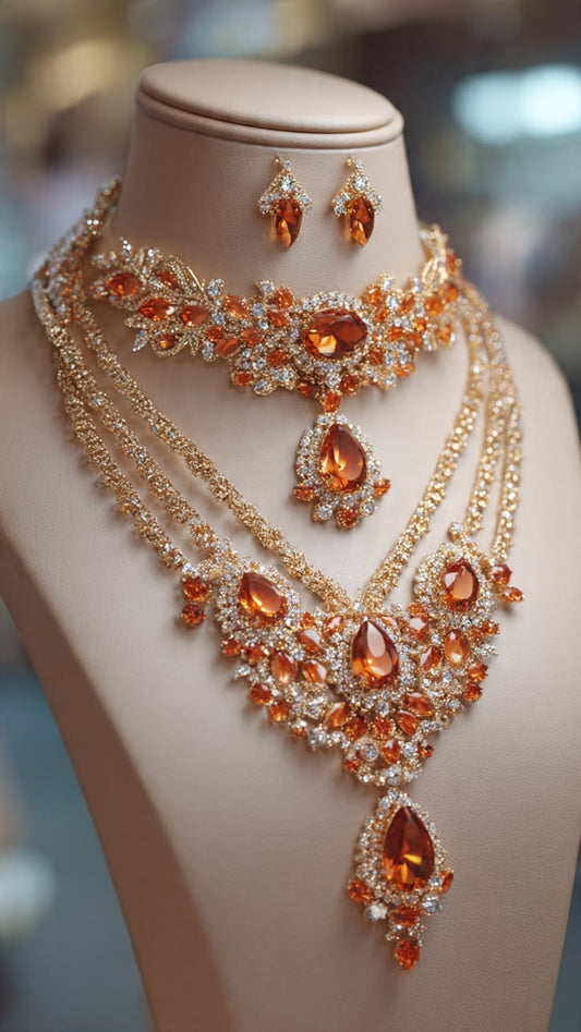 Luxury Champagne Crystal Bridal Necklace Set with American Diamond & Matching Earrings
