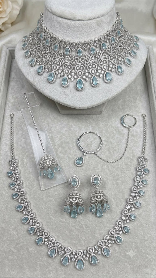 AD Diamond Blue Stone Necklace Set with Long Necklace, Earrings & Maang Tikka