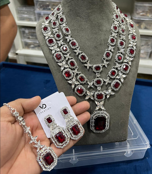 Luxury Ruby Red AD Layered Bridal Necklace Set