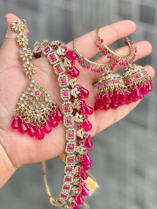 Pink AD Stone Designer Bridal Jewellery Set with Jhumka Earrings & Maang Tikka