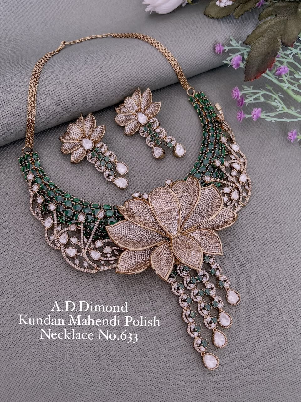 AD Diamond Kundan Mehandi Polish Designer Floral Necklace Set with Earrings