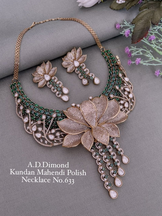 AD Diamond Kundan Mehandi Polish Designer Floral Necklace Set with Earrings
