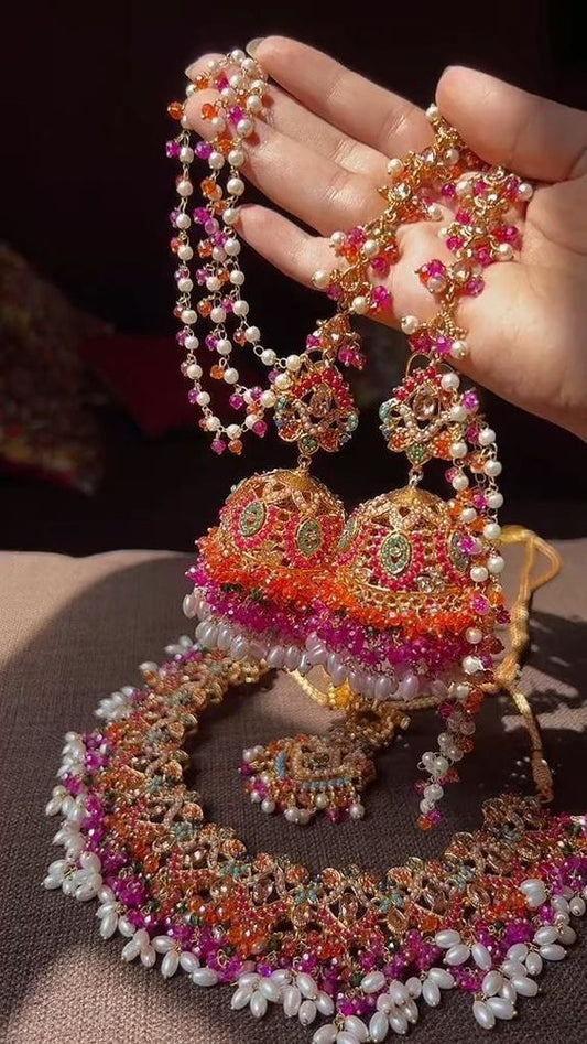Multicolor Designer Bridal Pearl Necklace Set with Jhumka Earrings