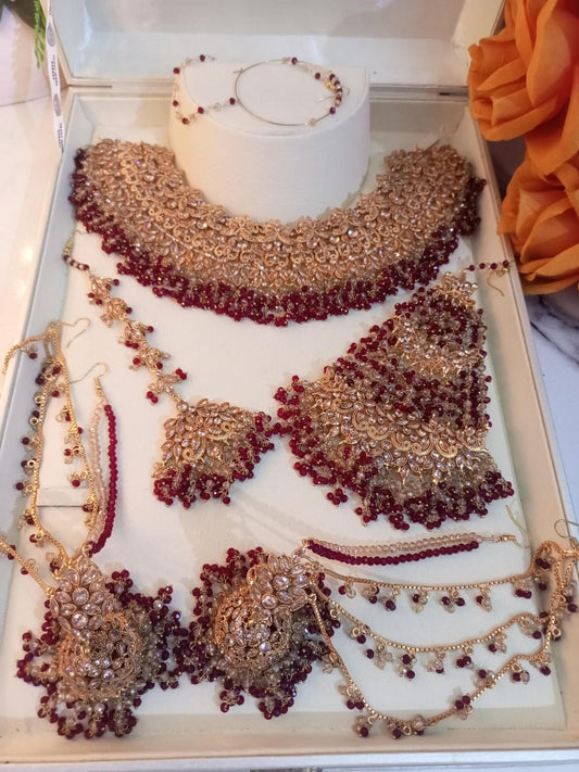 Premium Maroon Beaded Bridal Necklace Set with Matching Earrings, Choker & Multi-Layer Jewellery