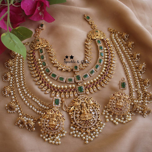 Premium Green Emerald Kundan Bridal Necklace Set with Pearl Drops & Matching Earrings