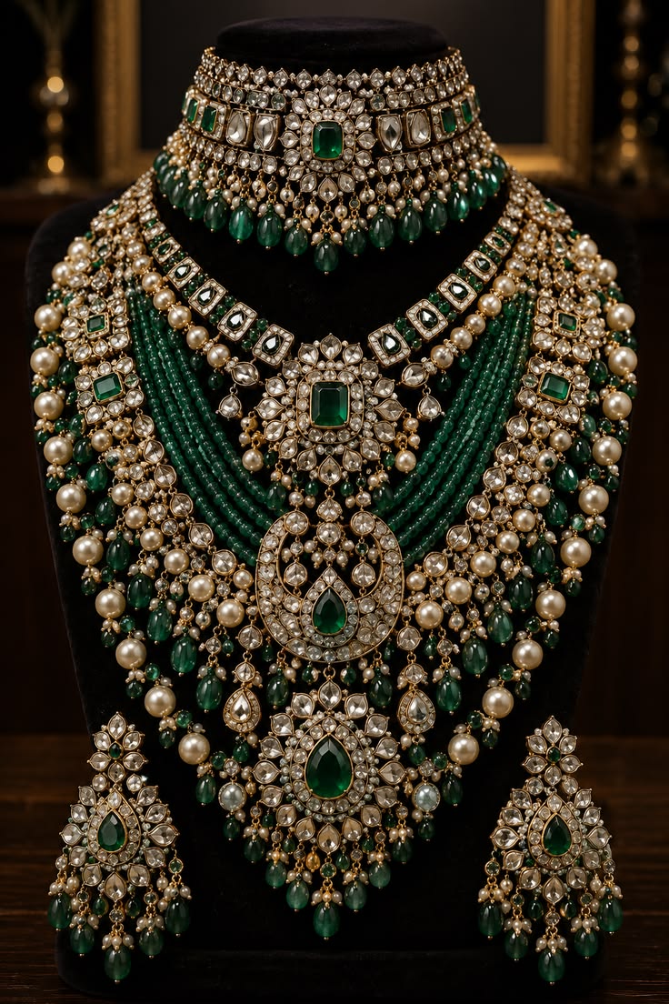 Premium Emerald Green Kundan Bridal Necklace Set with Pearl Beads & Statement Choker