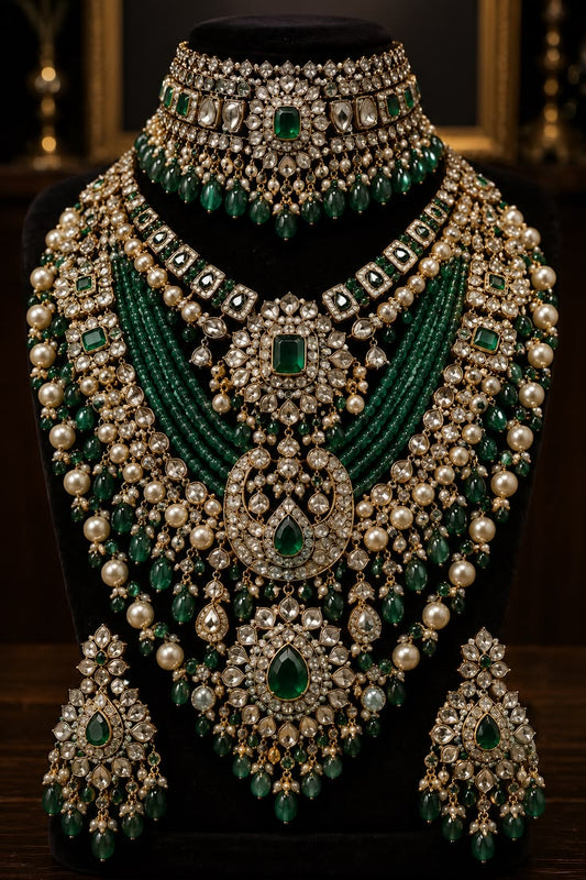 Premium Emerald Green Kundan Bridal Necklace Set with Pearl Beads & Statement Choker