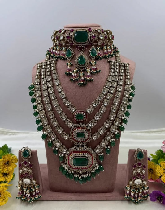 Premium Green Emerald Kundan Bridal Necklace Set with Multi-Layer Necklace, Choker & Heavy Earrings