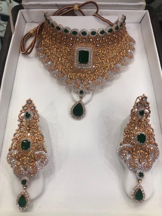 Premium Green Stone AD Choker Necklace Set