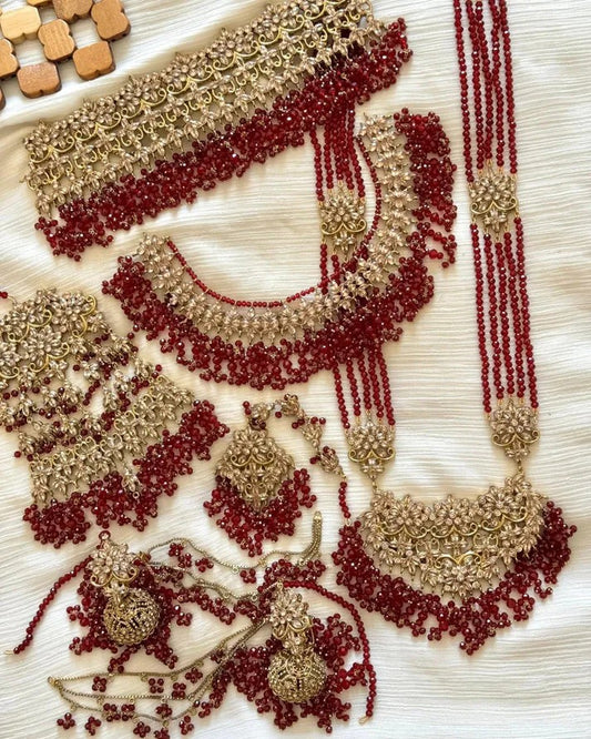 Red Beaded Kundan Bridal Jewellery Necklace Set with Choker & Long Haar