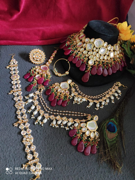 Maroon Kundan Choker Necklace Set with Pearl & Beaded Bridal Jewellery