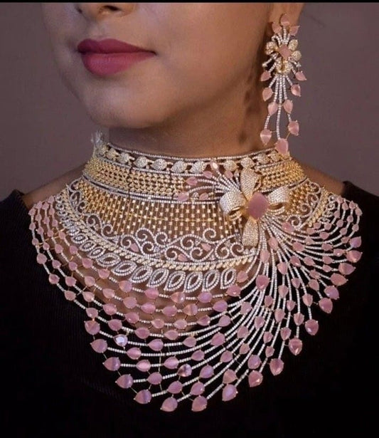 Pink Kundan Choker Necklace Set with Layered Beads & Matching Earrings