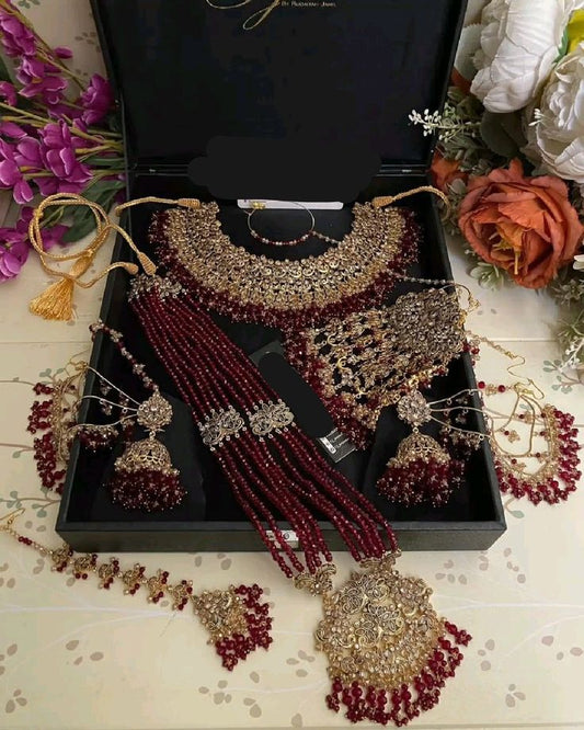Maroon Kundan Bridal Necklace Set with Multi-Layer Beads & Statement Pendant