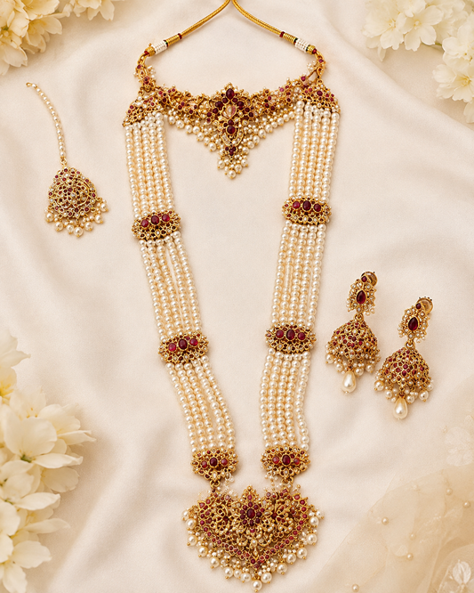 Islamic Bridal Pearl Long Necklace Set with Kundan & Gold-Tone Detailing