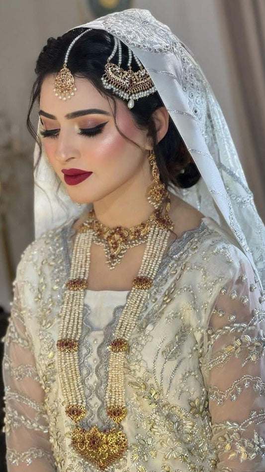 Islamic Bridal Pearl Long Necklace Set with Kundan & Gold-Tone Detailing