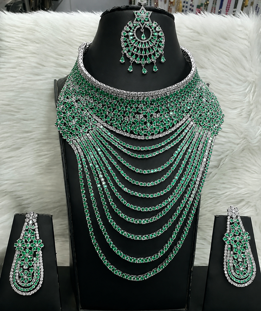Luxury American Diamond Multi-Layer Necklace Set with Matching Earrings & Maang Tikka- (Greeen & Sliver)