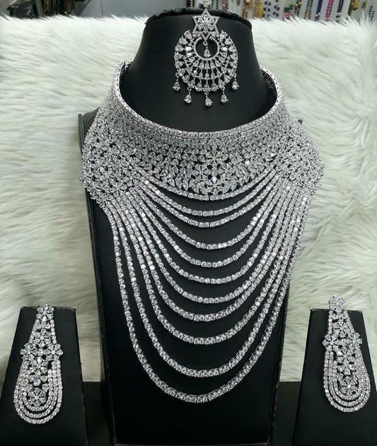 Luxury American Diamond Multi-Layer Necklace Set with Matching Earrings & Maang Tikka- (Greeen & Sliver)