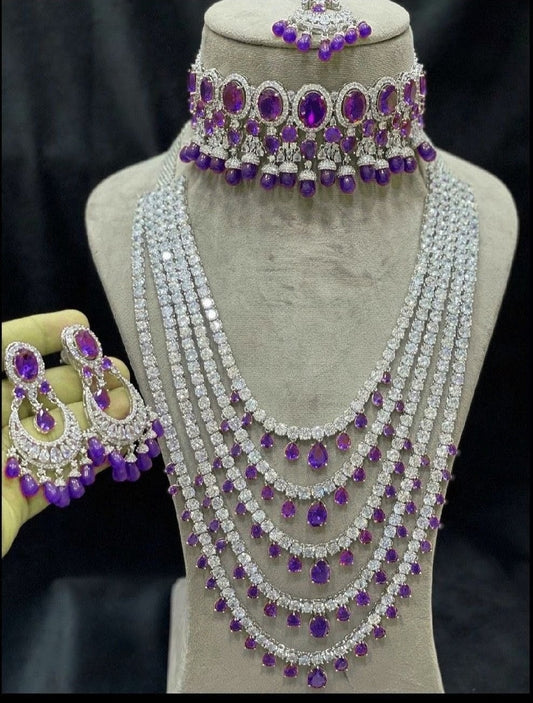 Luxury Emerald & CZ Multi-Layer Bridal Necklace Set with Matching Earrings (Green, Pink, Mehnedi)