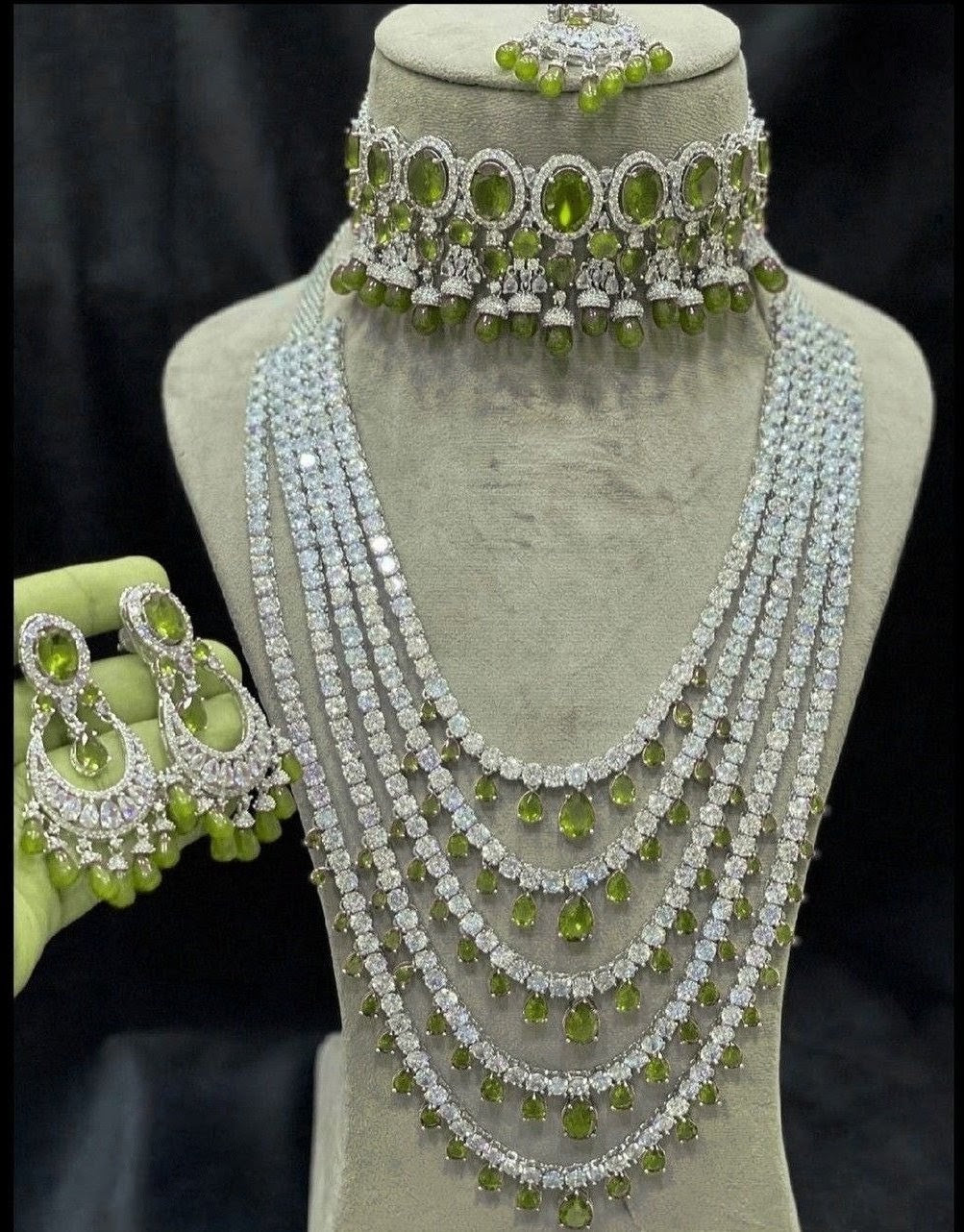 Luxury Emerald & CZ Multi-Layer Bridal Necklace Set with Matching Earrings (Green, Pink, Mehnedi)