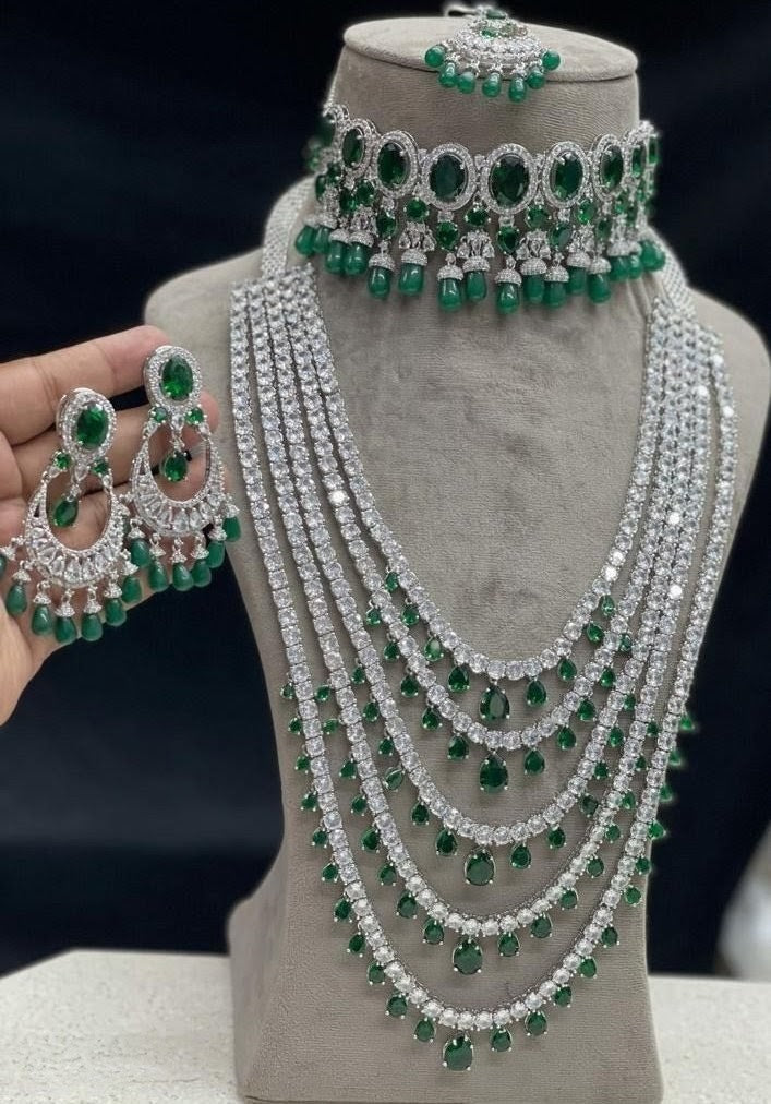 Luxury Emerald & CZ Multi-Layer Bridal Necklace Set with Matching Earrings (Green, Pink, Mehnedi)