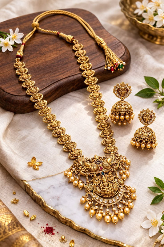 Matte Gold Plated South Indian Bridal Jewellery with Jhumka Earrings for Women