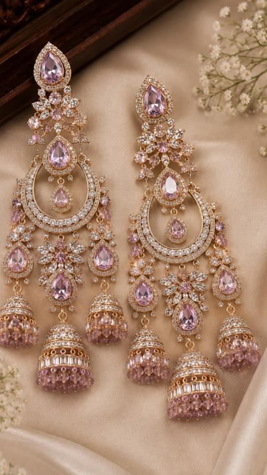 Luxury Pink Stone Gold-Plated Long Jhumka Earrings with CZ Floral Design