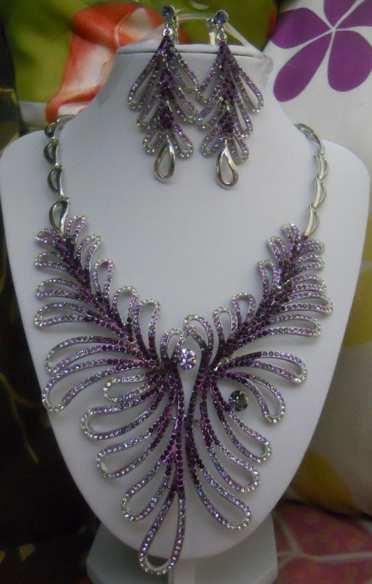 Purple Crystal Butterfly Design Necklace Set with Matching Earrings