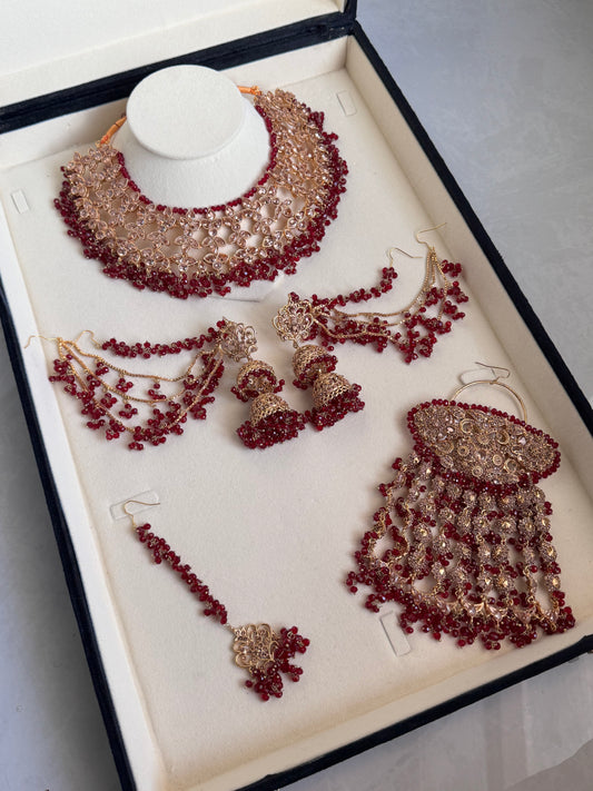 Red Beaded Gold-Tone Bridal Jewellery Set | Complete Wedding Jewellery Collection