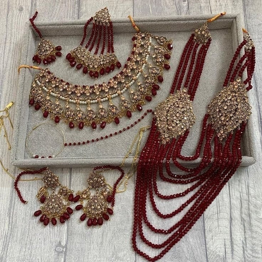 Traditional Kundan Maroon Beaded Necklace Set | Bridal Jewellery Set with Earrings, Maang Tikka & Long Necklace