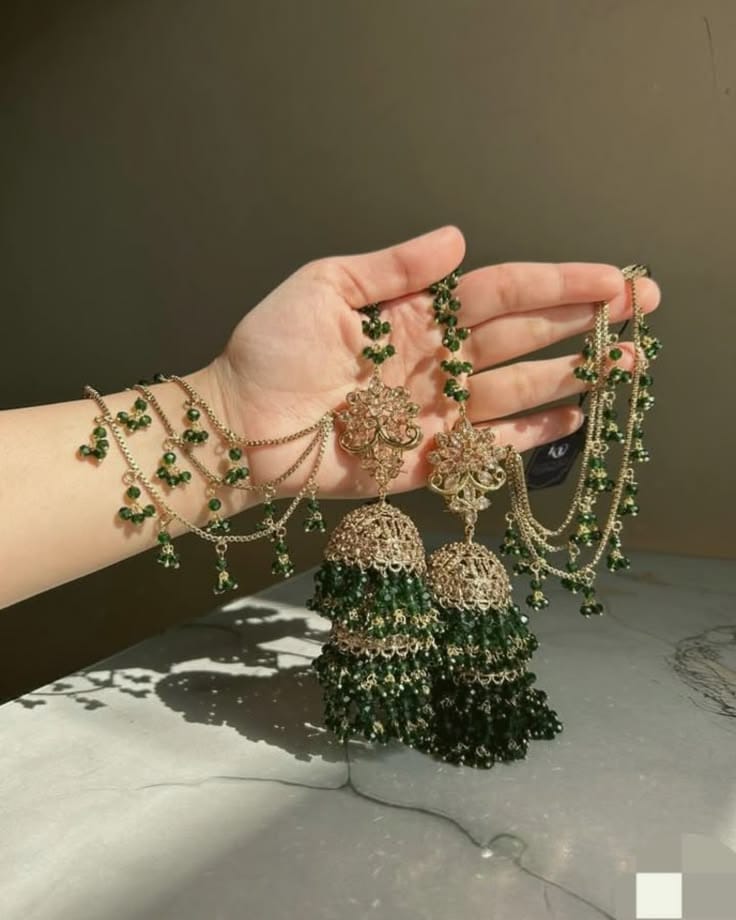 Elegant Green Beaded Kundan Jhumka Set