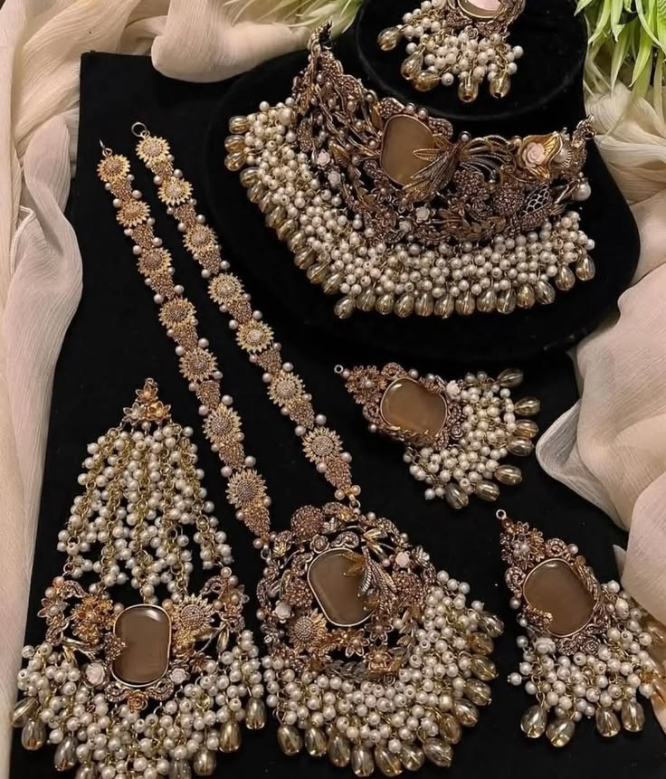 Antique Golden Pearl Beaded Statement Necklace Set For Bride