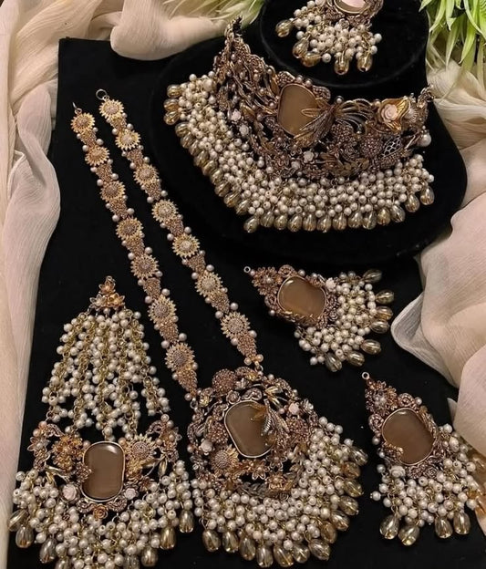 Antique Golden Pearl Beaded Statement Necklace Set For Bride