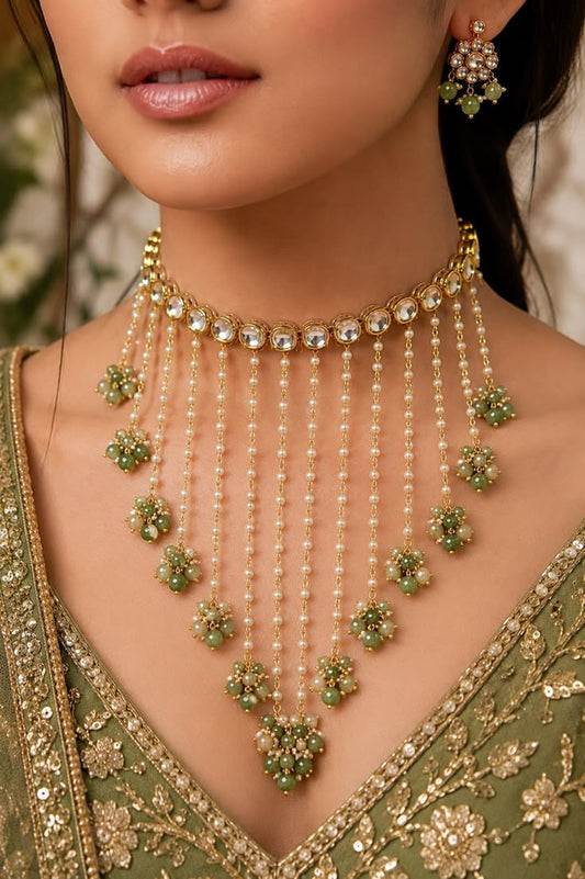 Kundan Green Pearl Necklace Set